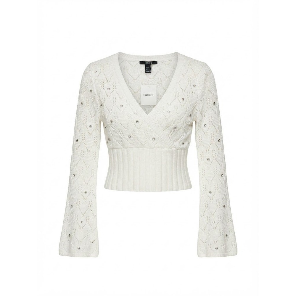 NWT Forever 21 Knit Top Womens S White Rhinestone Surplice Coquette Fairycore